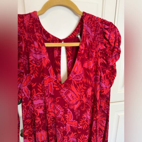 Free People Women’s Hello Lover Dress Tunic Top Size Small Red Ruched Fall - Picture 4 of 12